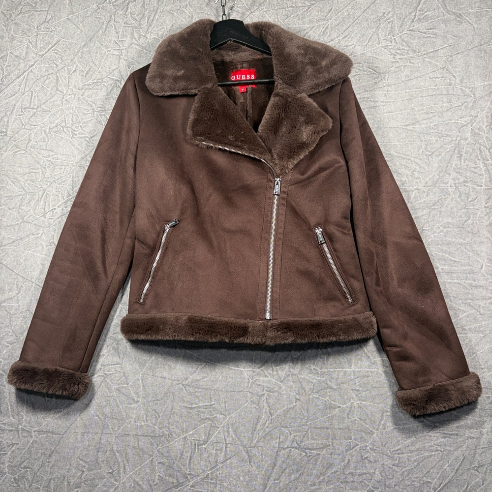 Guess Jacket Womens Medium Brown Faux Suede Fur Moto Q2BL14 WFZ20 Asymmetrical
